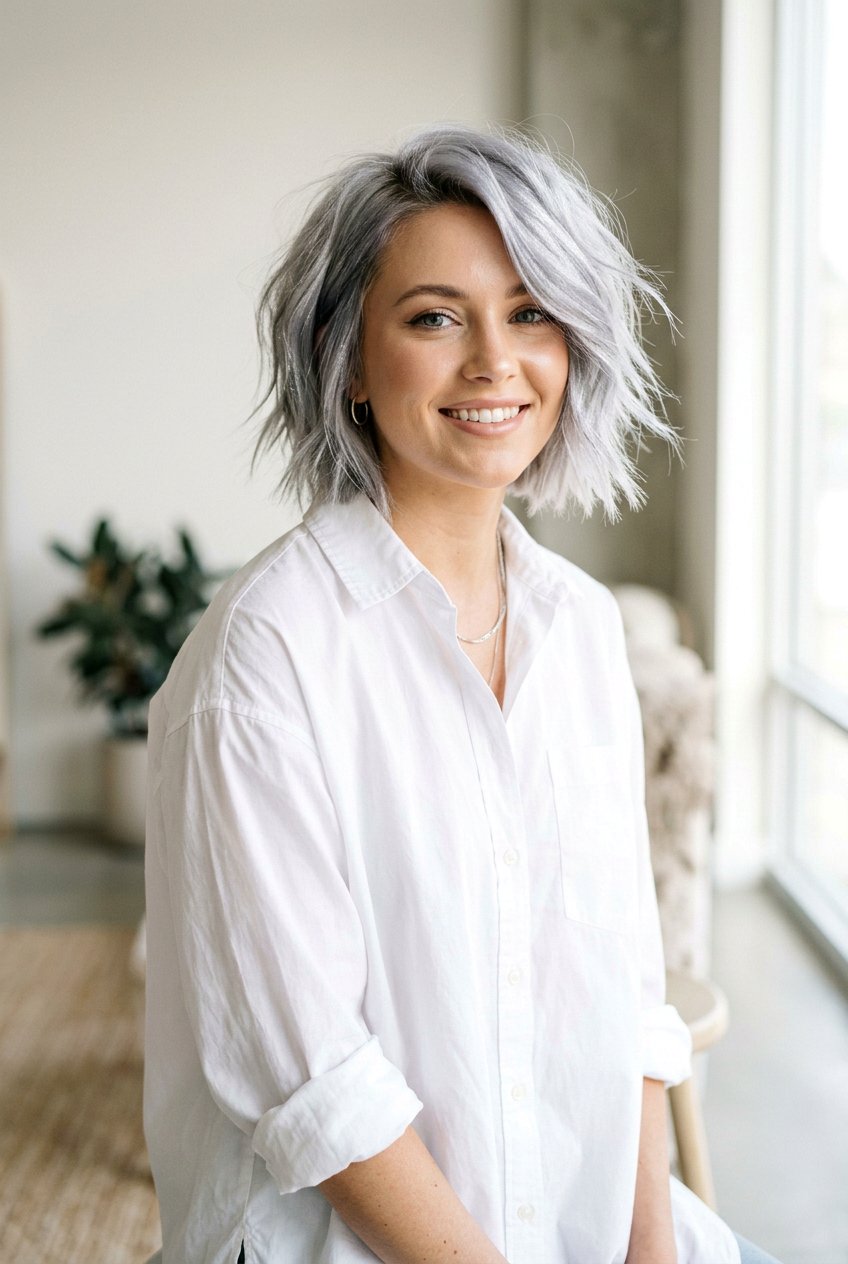 Choppy Metallic Silver Bob - 20 metallic silver bob hair color - 20 metallic silver bob hair color