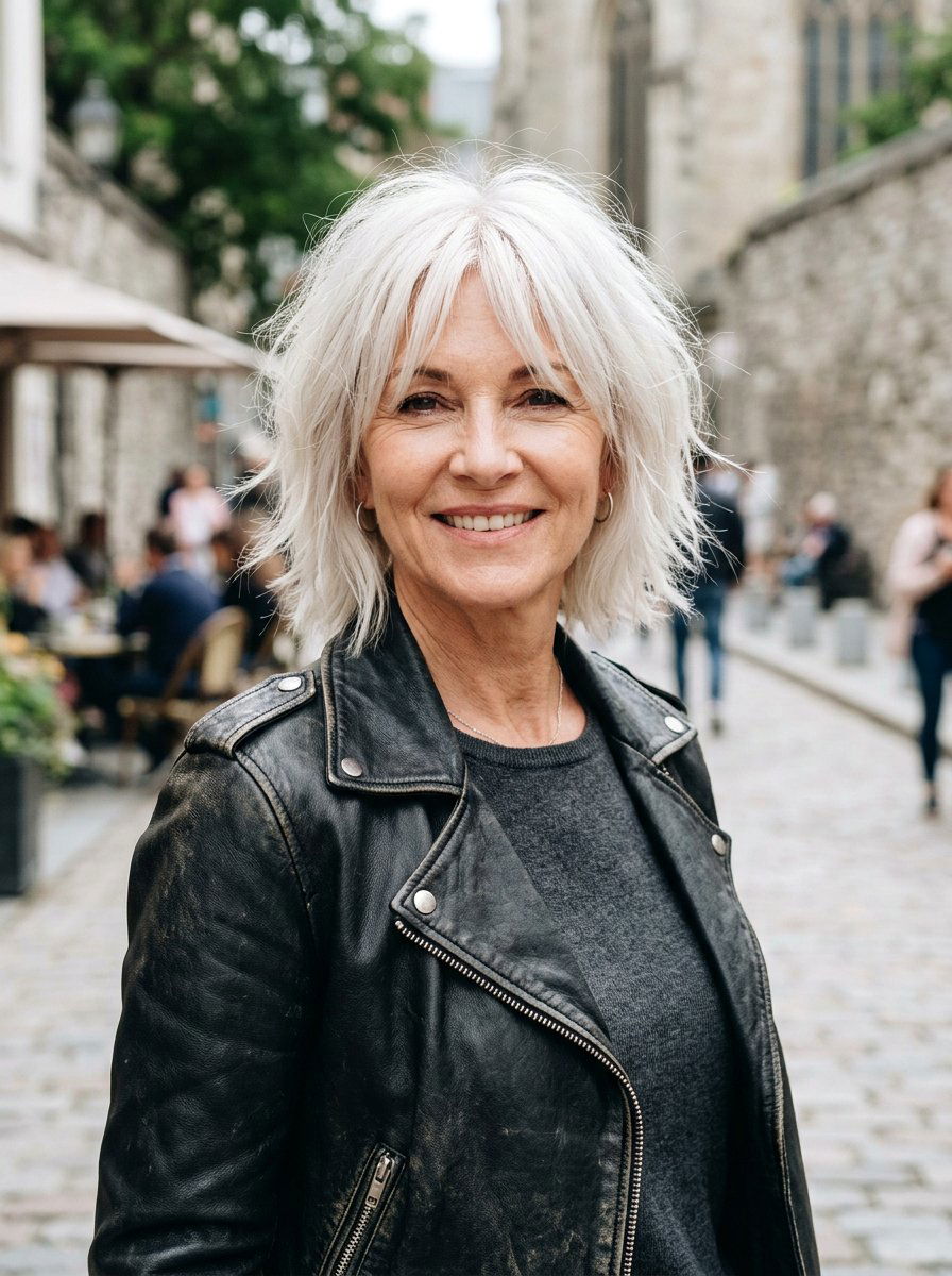 Choppy Platinum Layered Bob - 20 layered bob with curtain bangs for women over 50 - 20 layered bob with curtain bangs for women over 50