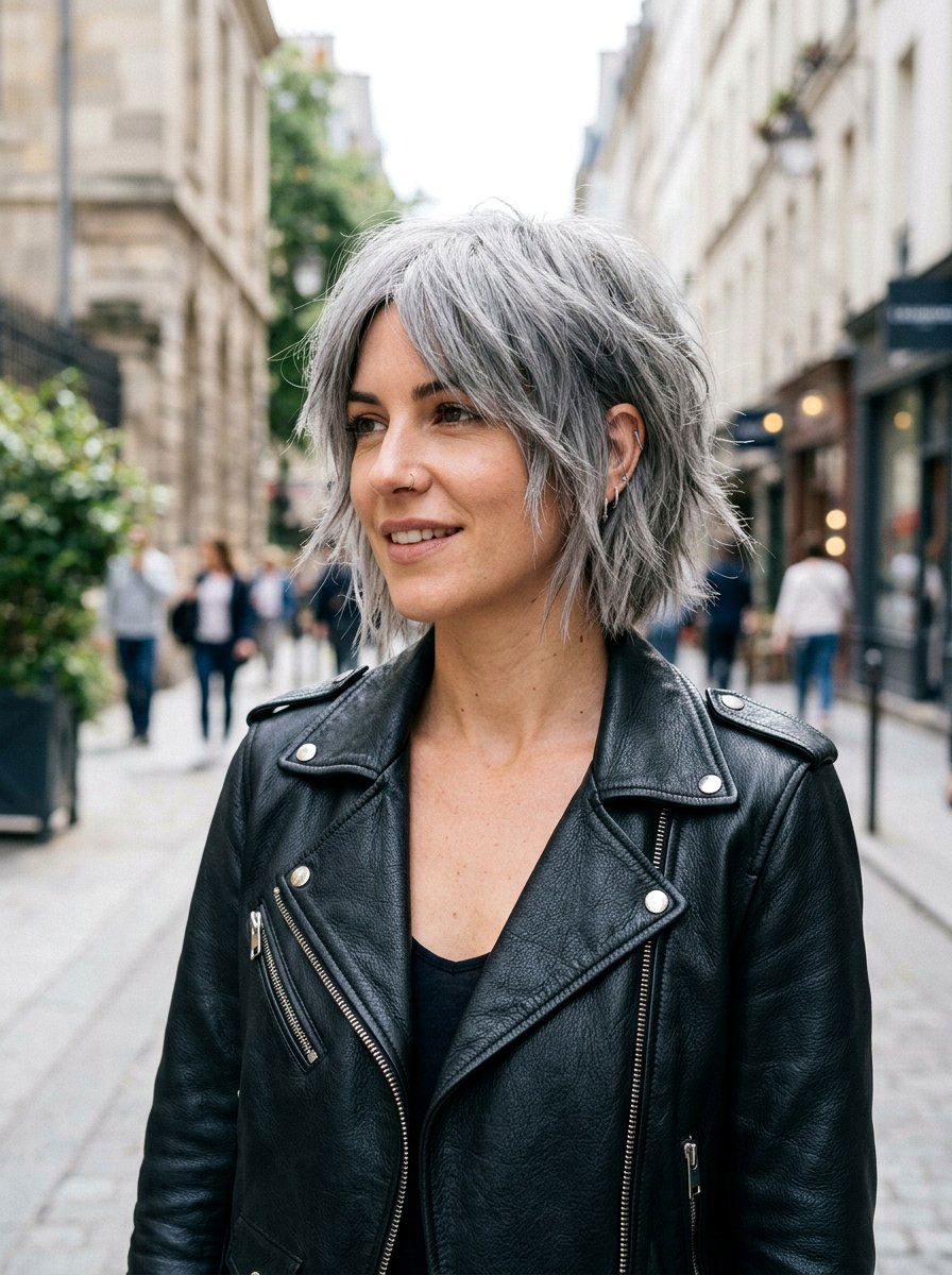 Choppy gray bob - 20 shoulder length gray layered haircut - 20 shoulder length gray layered haircut