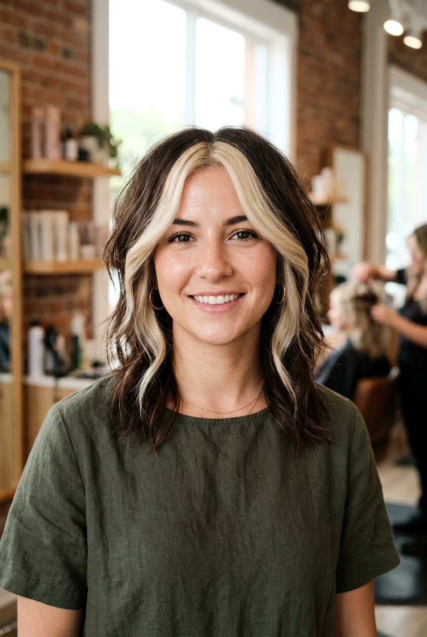 Chunky Blonde Money Piece on Brunette Hair - 20 brunette hair with blonde money piece - 20 brunette hair with blonde money piece