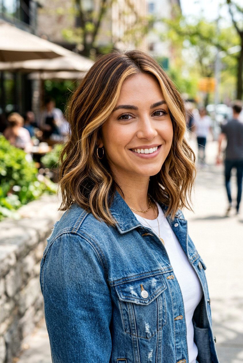 Chunky Caramel Highlights Brunette Lob - 20 brunette money piece for shoulder length hair - 20 brunette money piece for shoulder length hair