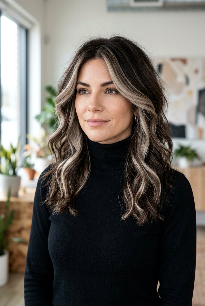 Chunky Cool Beige Highlights on Brunette Hair - 20 dark brunette with cool beige highlights - 20 dark brunette with cool beige highlights