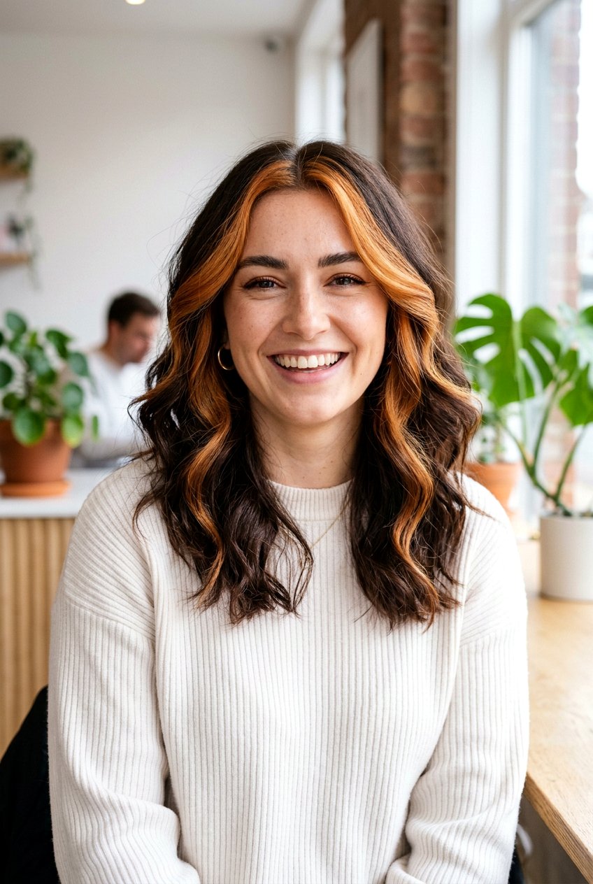 Chunky Copper Face Framing Highlights on Brunette Hair - 20 copper face framing pieces - 20 copper face framing pieces