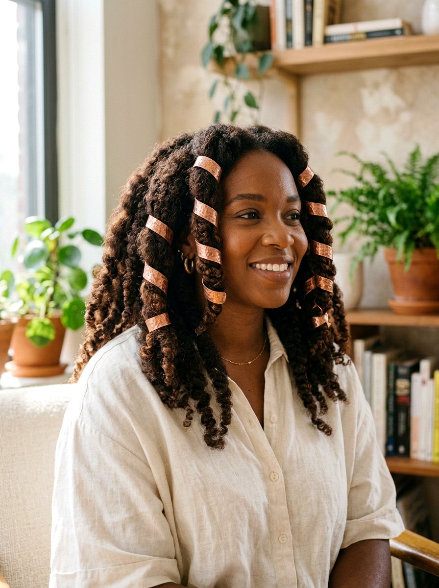 Chunky Copper Ribbons On Brown Textured Hair - 20 copper ribbons for medium brown hair - 20 copper ribbons for medium brown hair