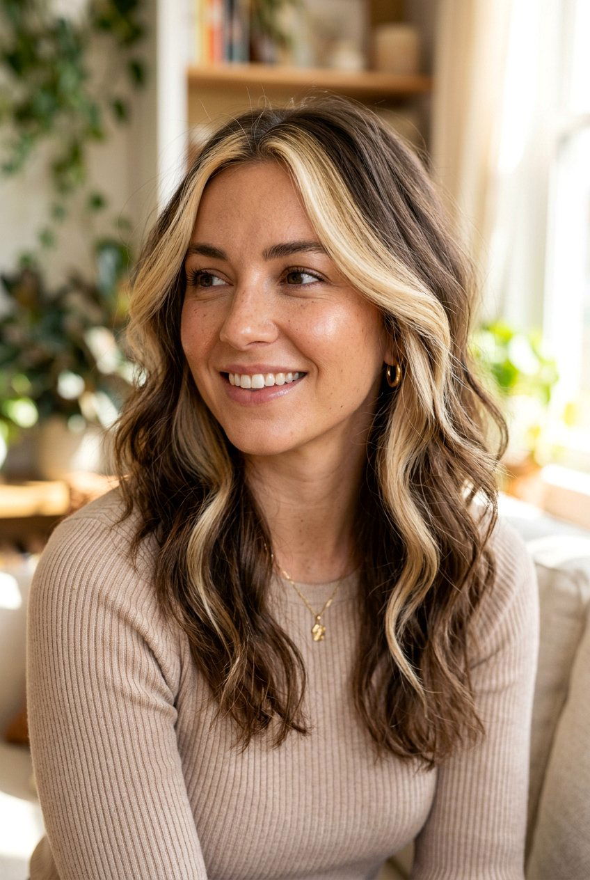 Chunky Money Piece On Natural Looking Brunette - 20 chunky money piece hair - 20 chunky money piece hair