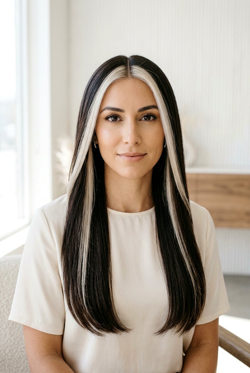 Chunky Platinum Front Streak On Dark Hair - 20 front streak hair color - 20 front streak hair color