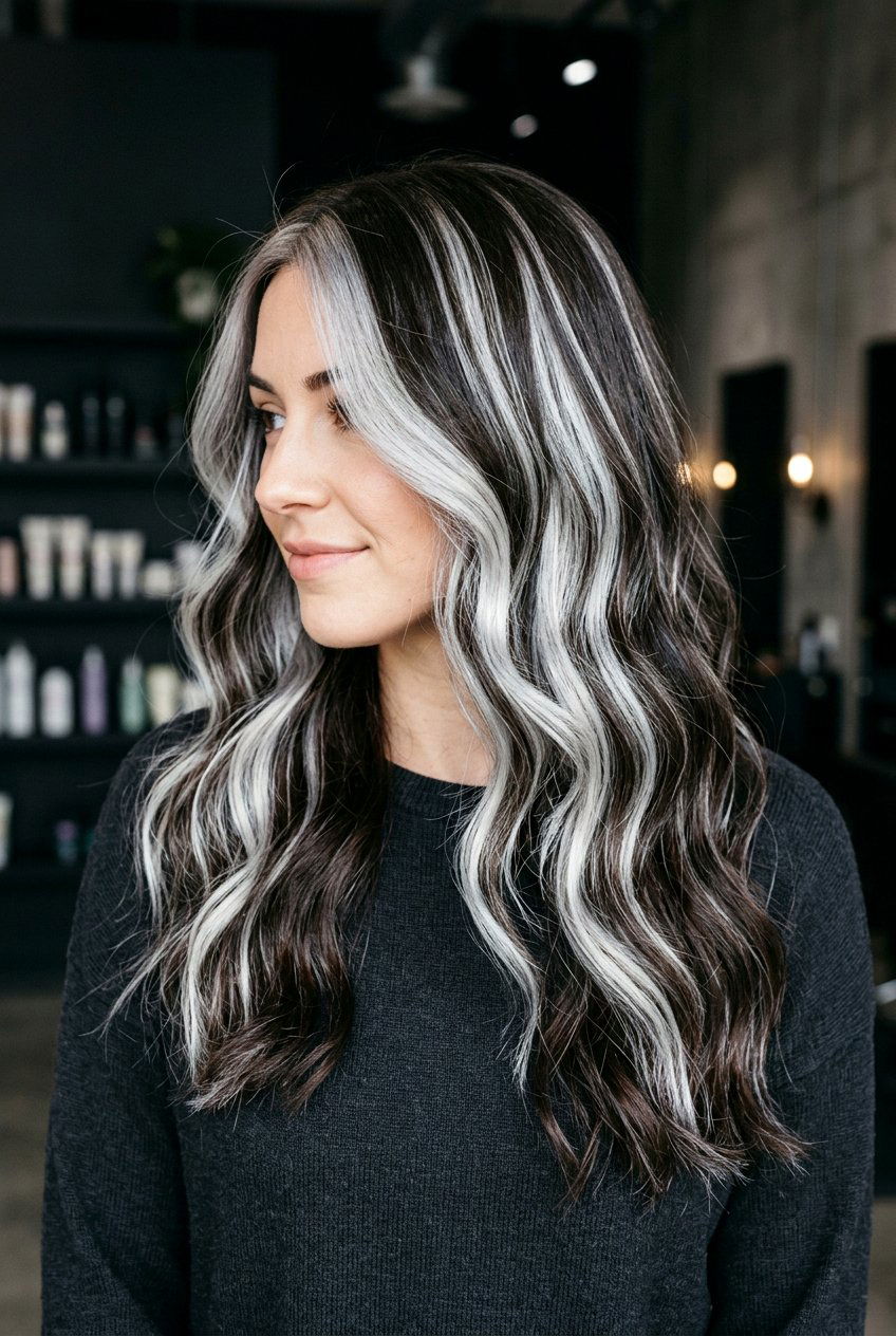 Chunky Silver Balayage Highlights - 20 silver balayage for dark hair - 20 silver balayage for dark hair