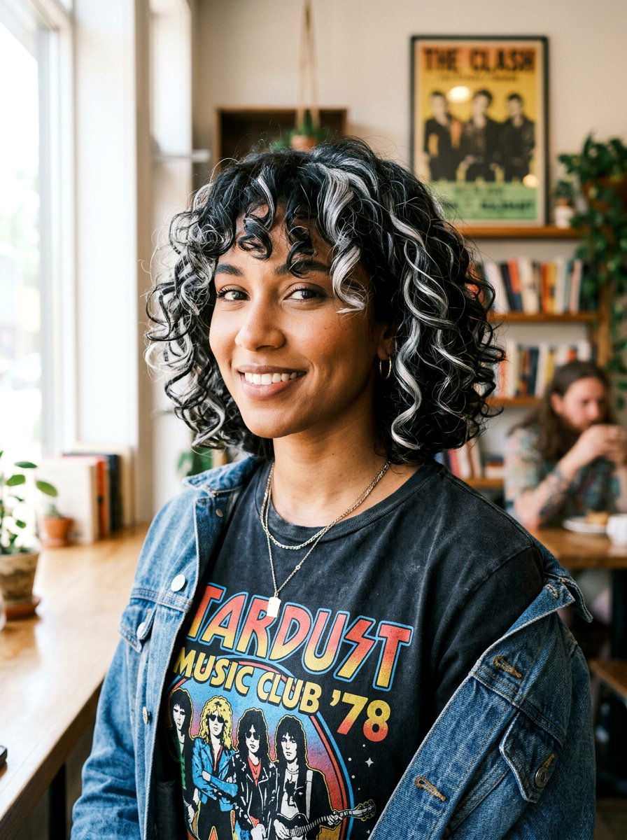 Chunky Silver Highlight Curly Bob - 20 silver curly bob color ideas - 20 silver curly bob color ideas