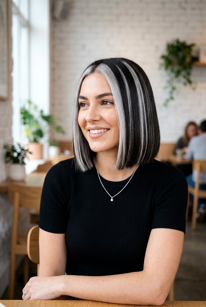 Chunky Silver Highlights on Dark Hair Bob - 20 silver highlights on dark hair - 20 silver highlights on dark hair