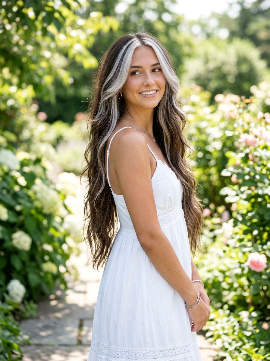 Chunky Silver Money Piece on Long Layers - 20 silver money piece for gray transition - 20 silver money piece for gray transition