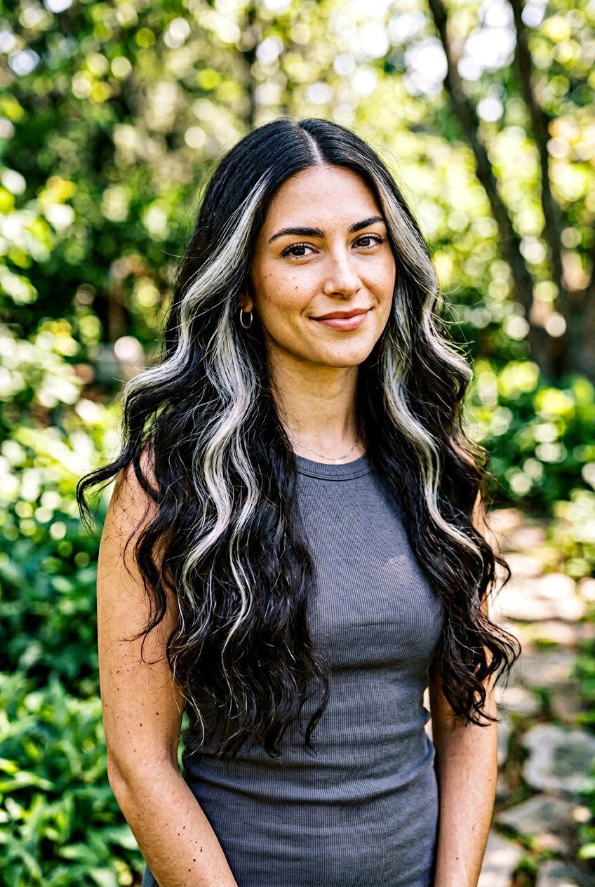 Chunky Silver Streaks In Long Dark Hair - 20 silver streak hair color - 20 silver streak hair color