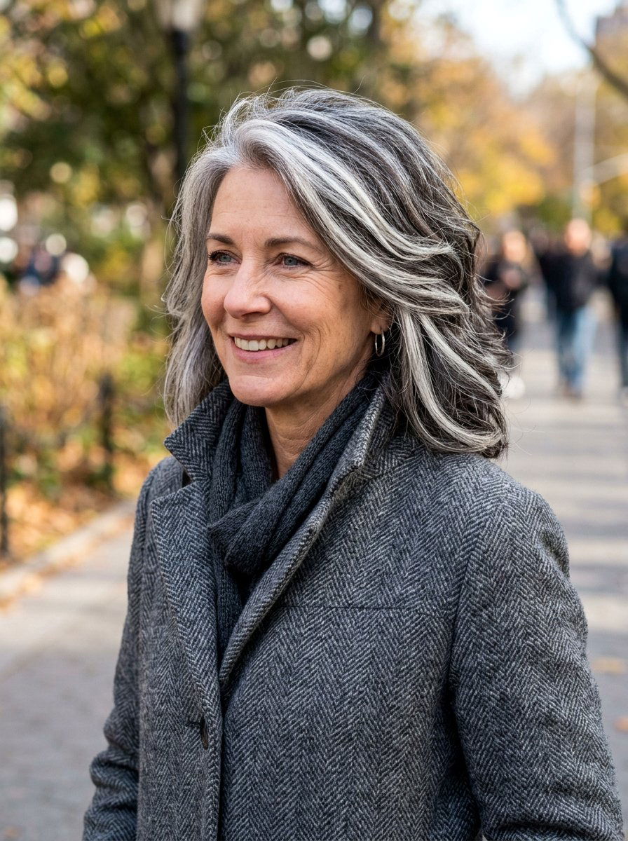 Chunky silver highlights on salt and pepper hair - 20 salt and pepper highlight ideas - 20 salt and pepper highlight ideas