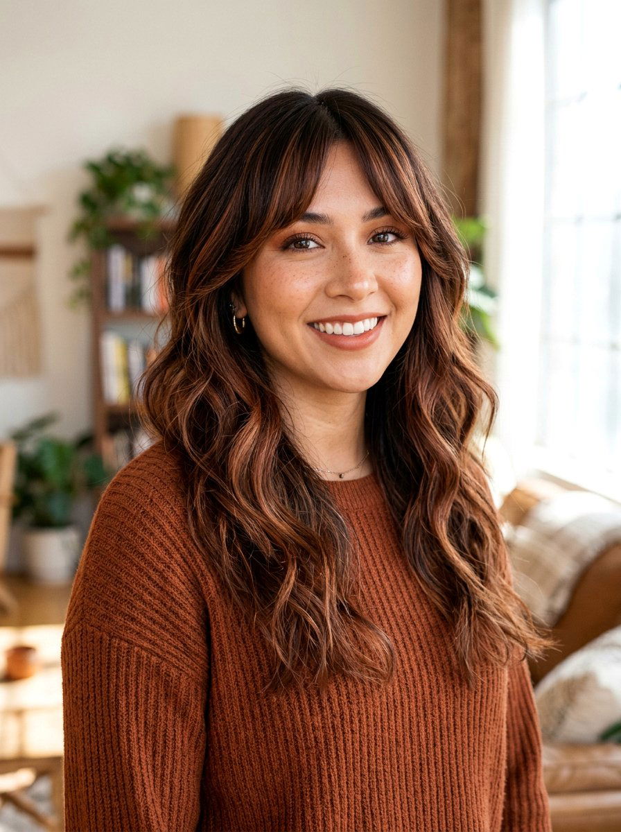 Cinnamon Brunette Balayage With Curtain Bangs - 20 classy brunette balayage ideas - 20 classy brunette balayage ideas