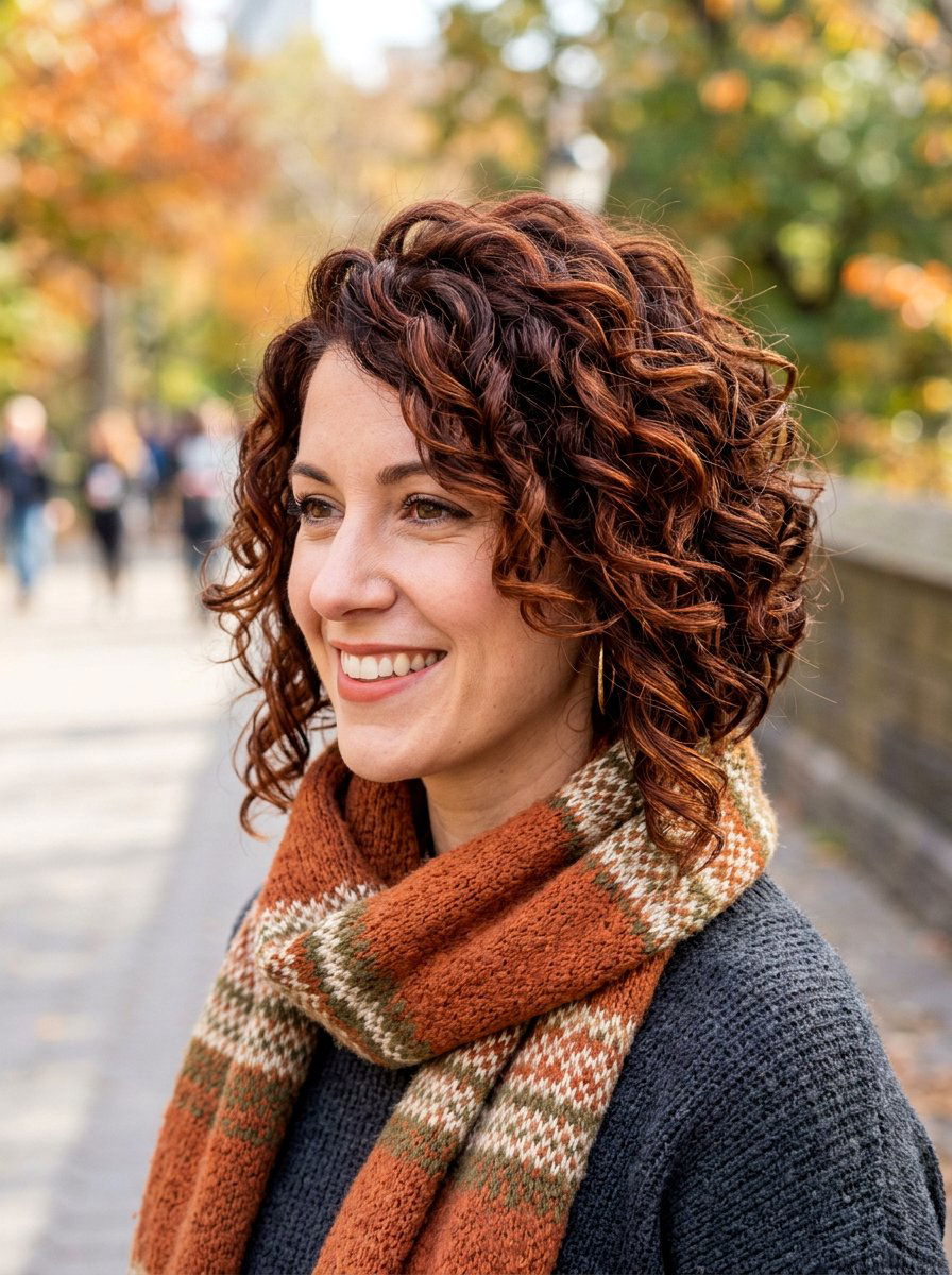 Cinnamon Dimensional Balayage Asymmetrical Curly Bob - 20 dimensional balayage for curly bob - 20 dimensional balayage for curly bob