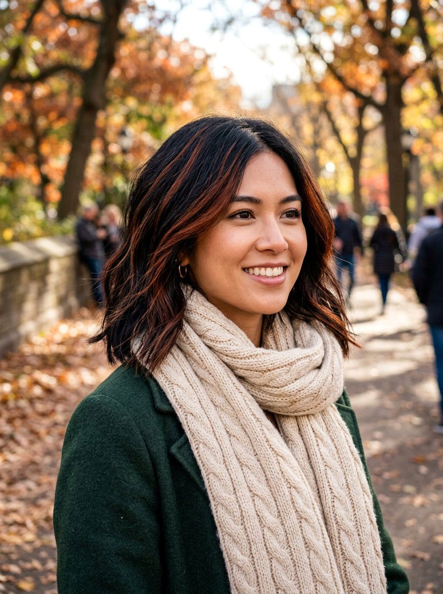 Cinnamon Highlights On Black Lob Haircut - 20 subtle highlights for dark black hair - 20 subtle highlights for dark black hair