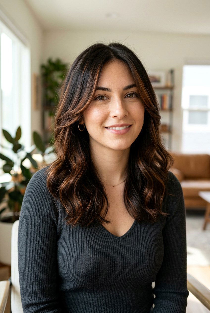 Cinnamon Highlights With Face Framing Layers on Dark Hair - 20 cinnamon highlights on dark hair - 20 cinnamon highlights on dark hair