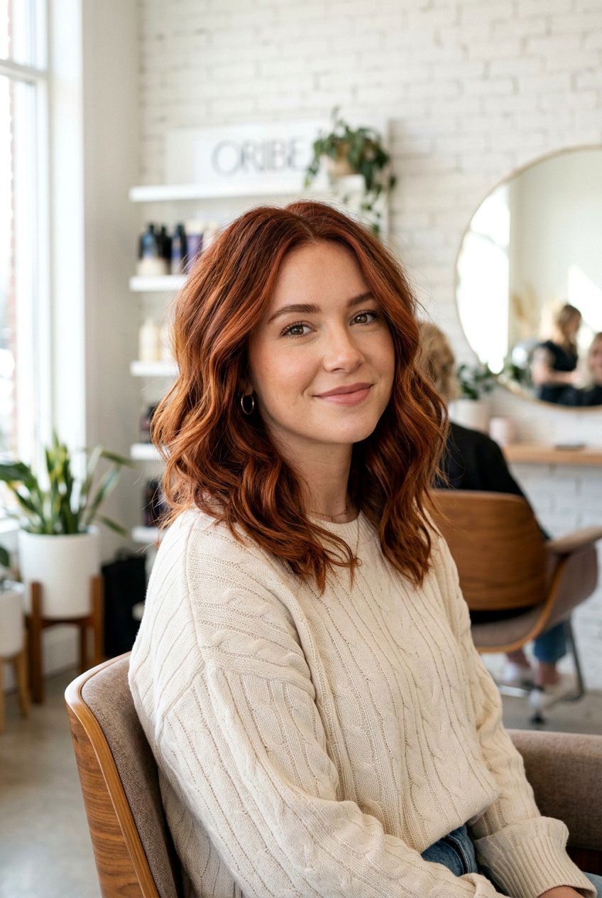 Cinnamon Red Balayage On Wavy Lob - 20 subtle red balayage - 20 subtle red balayage