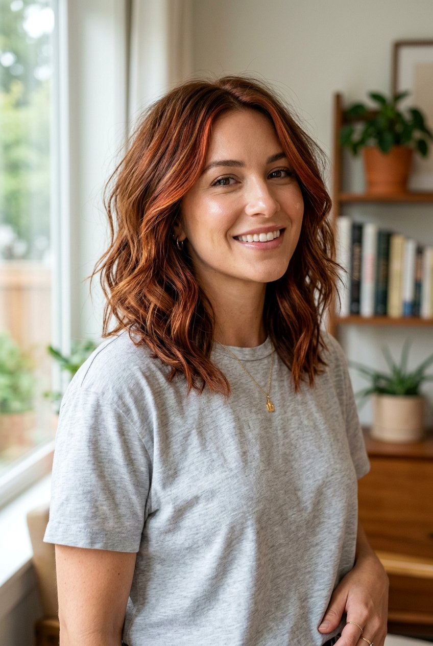 Cinnamon Red Highlights On Lob Haircut - 20 cinnamon red highlights - 20 cinnamon red highlights