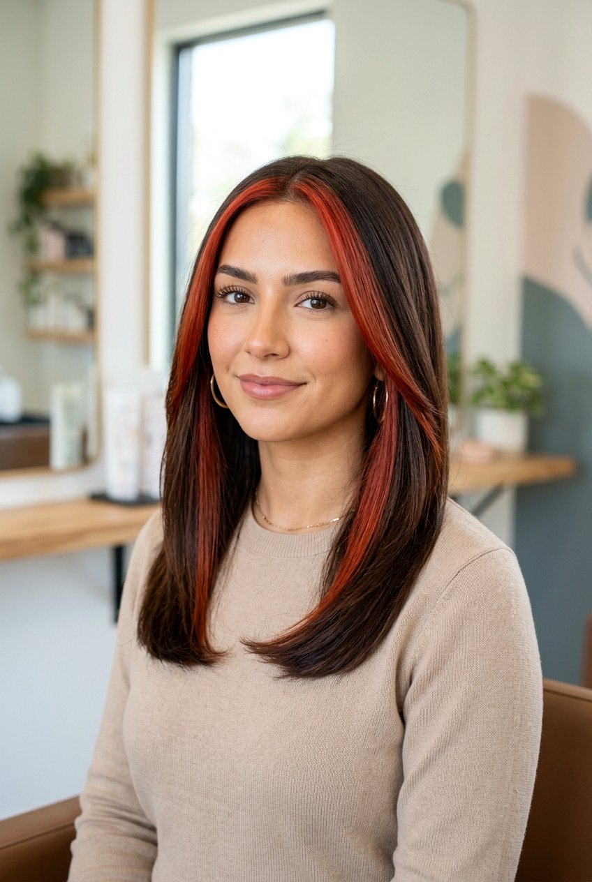 Cinnamon Red Money Piece On Brunette Hair - 20 cinnamon red highlights - 20 cinnamon red highlights