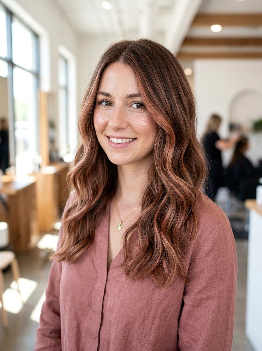 Cinnamon Rose Gold Balayage on Fine Brunette Hair - 20 warm cinnamon brunette balayage - 20 warm cinnamon brunette balayage