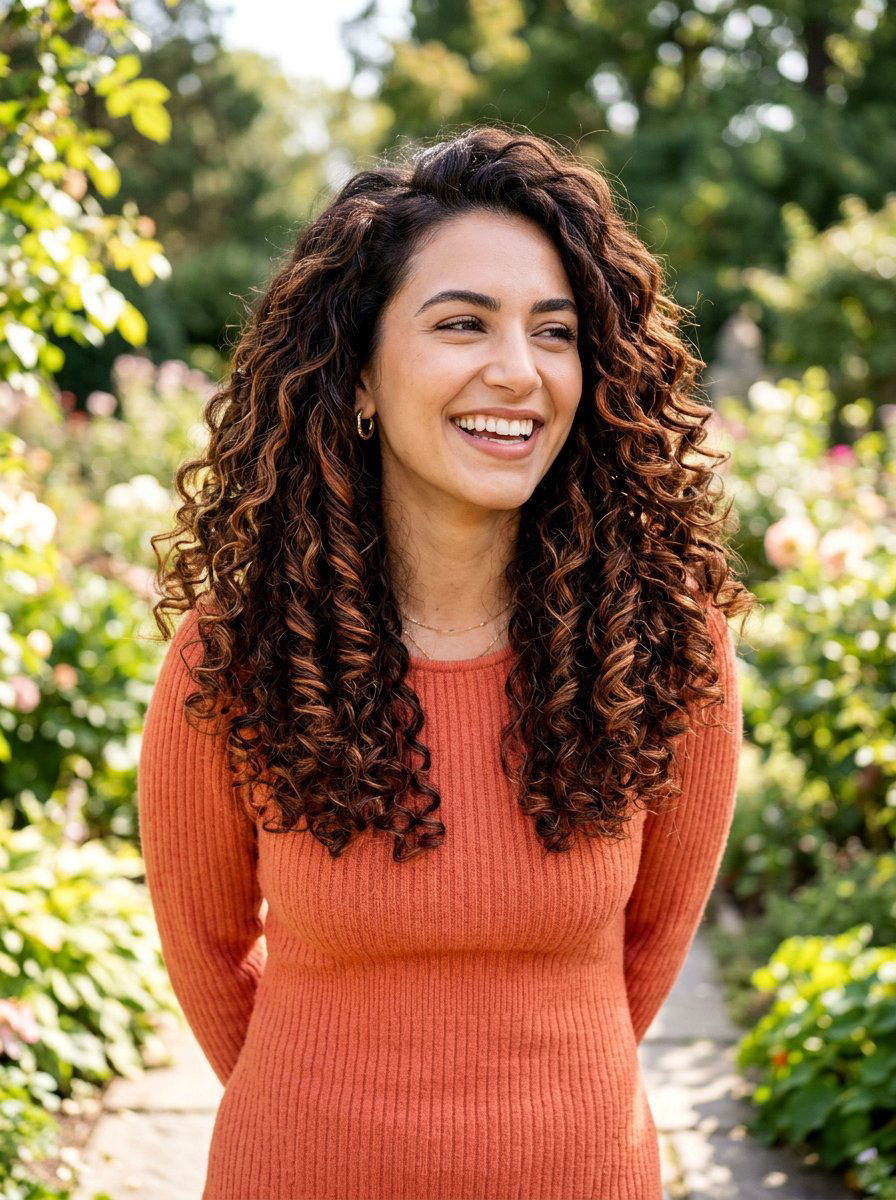 Cinnamon Swirl Balayage on Curly Brunette Hair - 20 warm cinnamon brunette balayage - 20 warm cinnamon brunette balayage