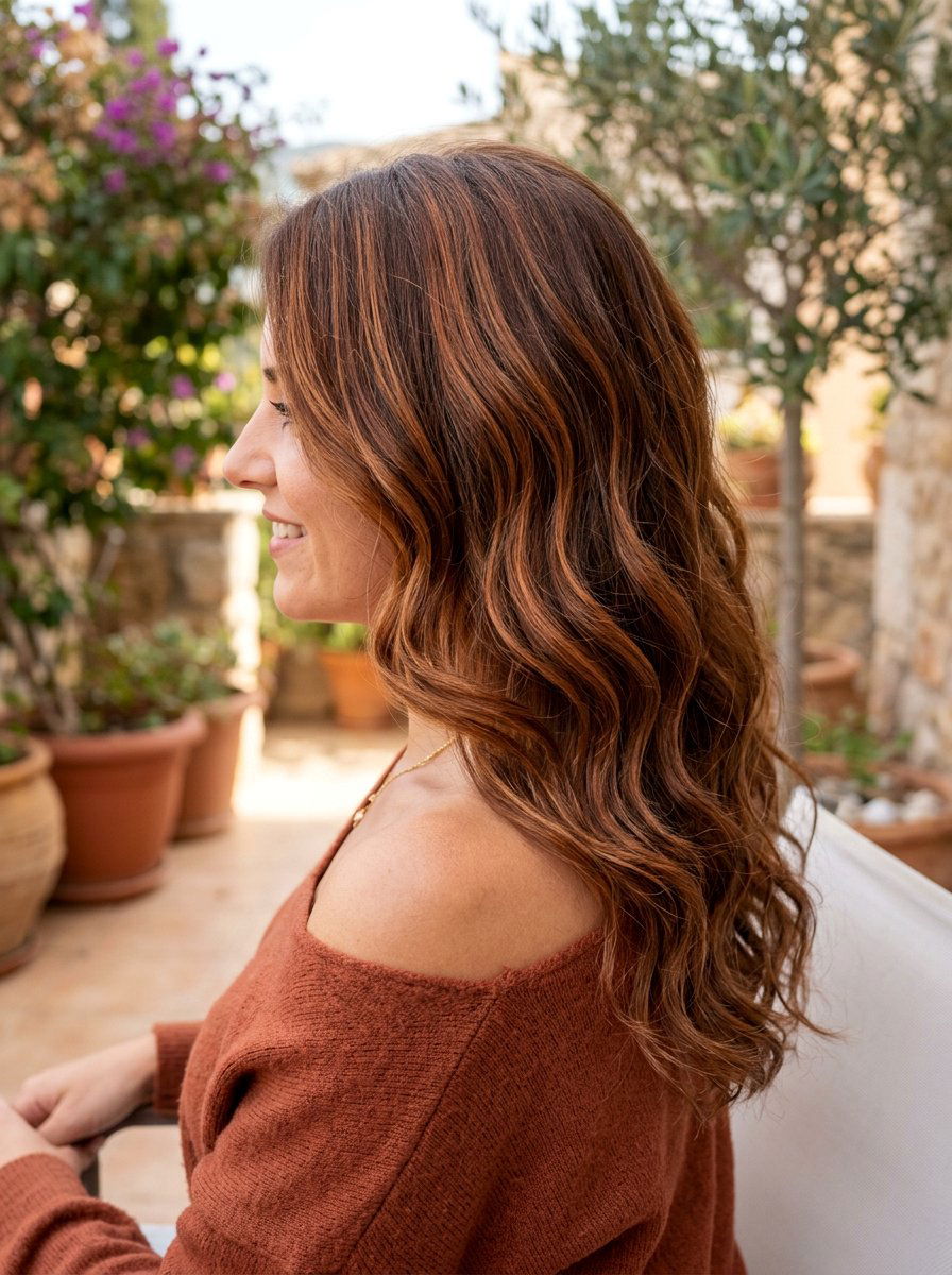 Cinnamon and Copper Balayage on Wavy Brunette Hair - 20 warm cinnamon brunette balayage - 20 warm cinnamon brunette balayage