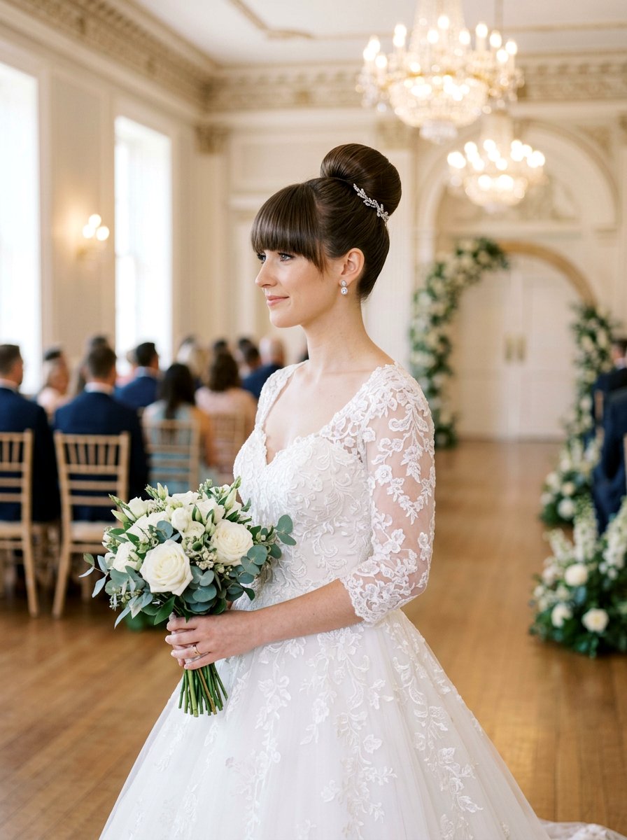 Classic Ballerina Bun with Thick Bangs - 20 wedding hairstyles for brides with bangs - 20 wedding hairstyles for brides with bangs