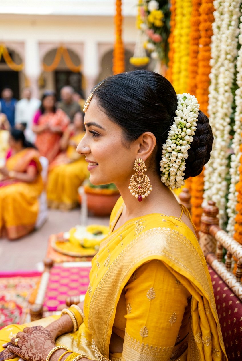 Classic Bridal Bun Haldi Hairstyle - 20 haldi hairstyles for bride - 20 haldi hairstyles for bride