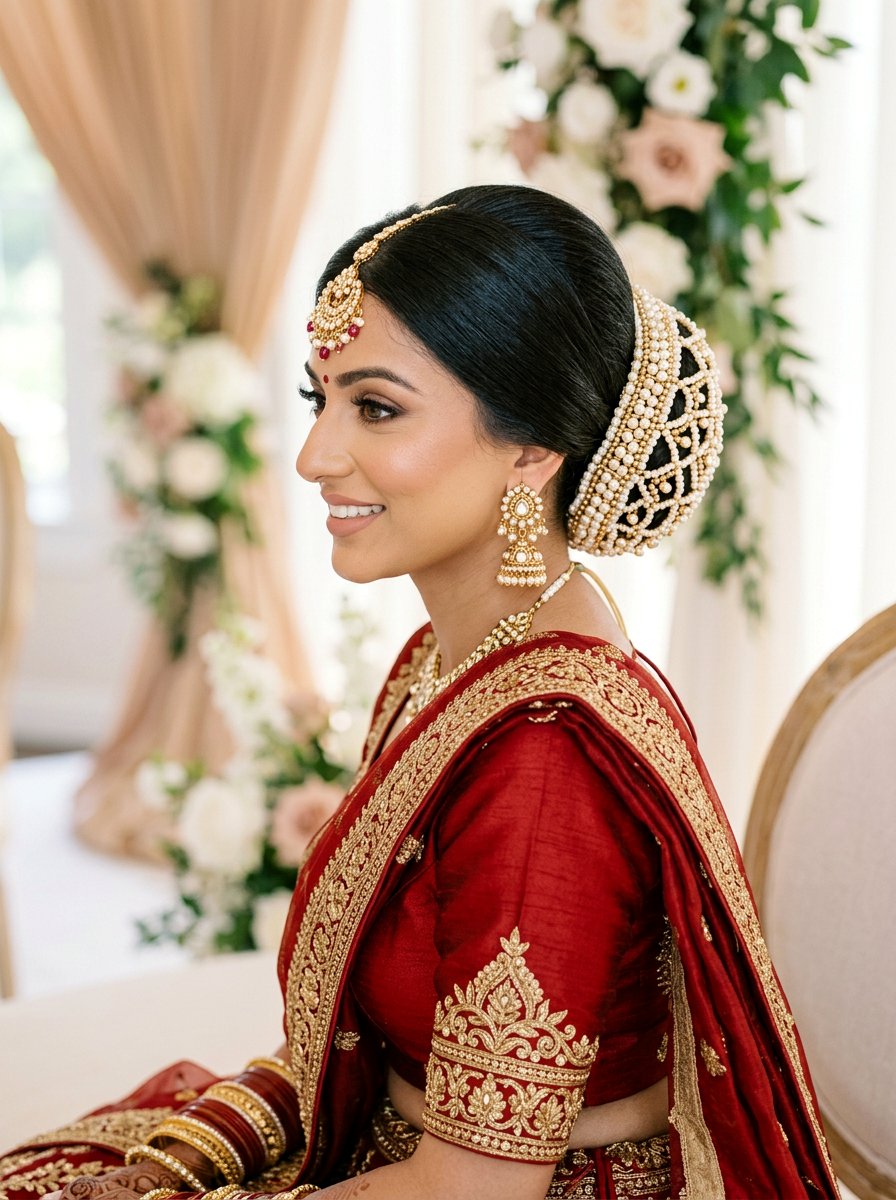 Classic Bridal Bun With Pearl Bun Cover - 20 pearl embellished bun hairstyle - 20 pearl embellished bun hairstyle