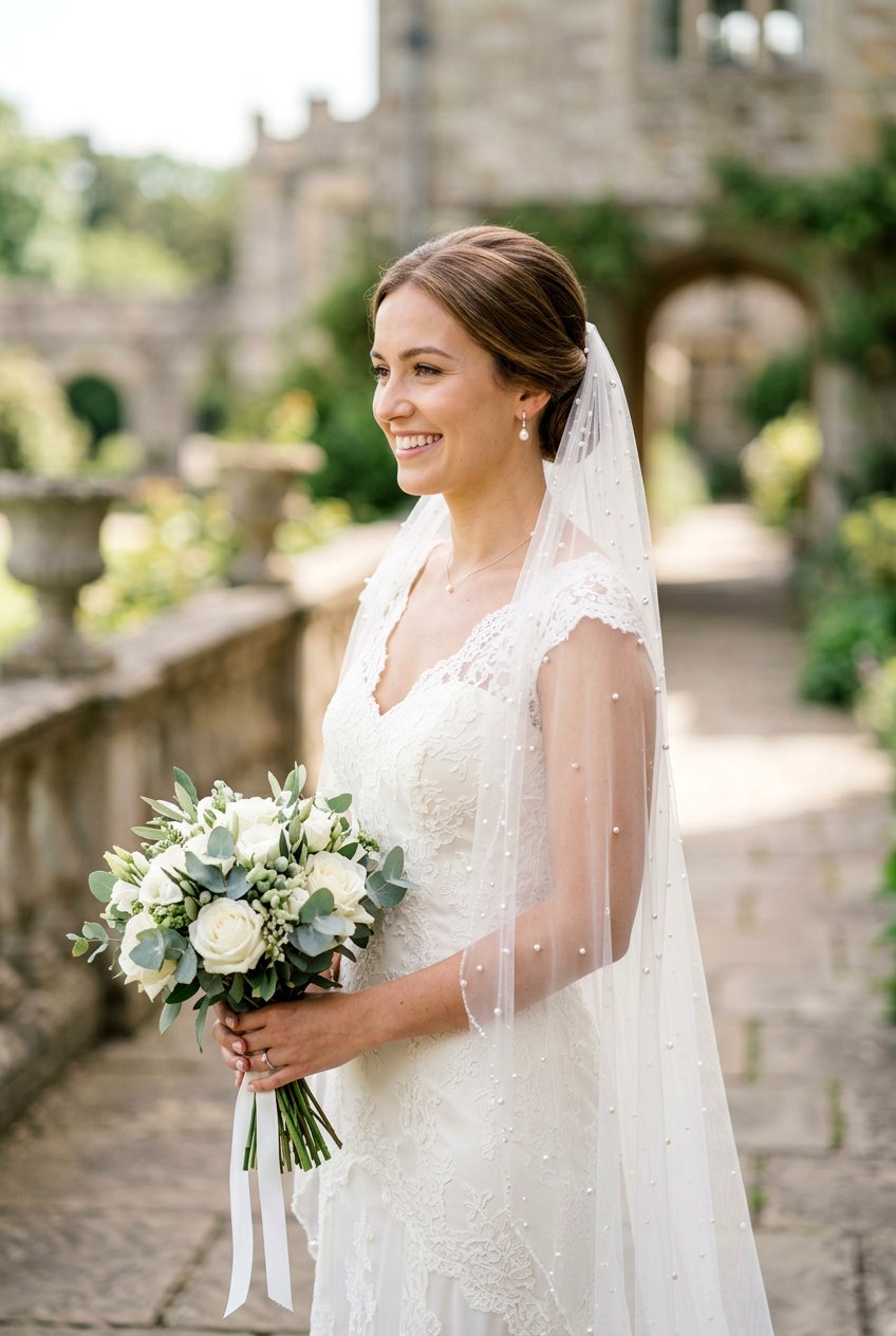 Classic Bridal Low Bun With Pearl Veil - 20 bridal low bun with pearl veil - 20 bridal low bun with pearl veil