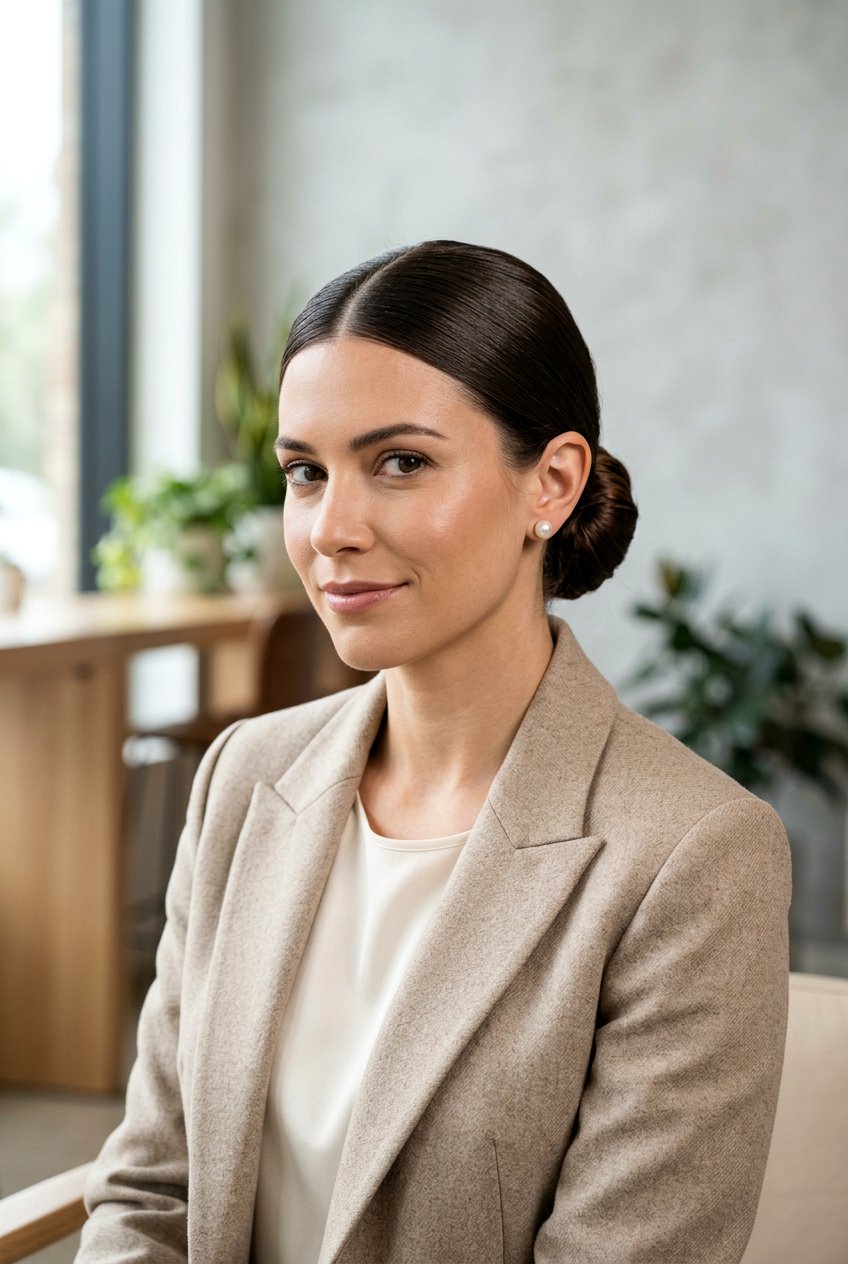 Classic Center Part Low Bun - 20 old money bun hairstyle - 20 old money bun hairstyle