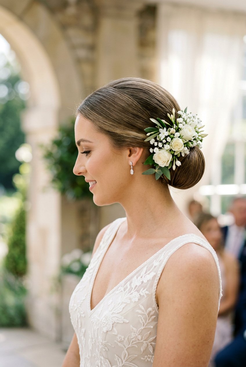 Classic Chignon With Fresh Flowers - 20 bridal hairstyles with fresh flowers - 20 bridal hairstyles with fresh flowers