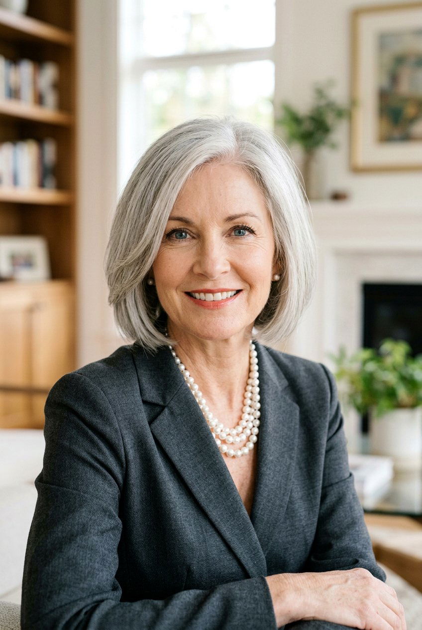 Classic Chin Length Silver Layered Bob - 20 gray bob with layers for older women - 20 gray bob with layers for older women