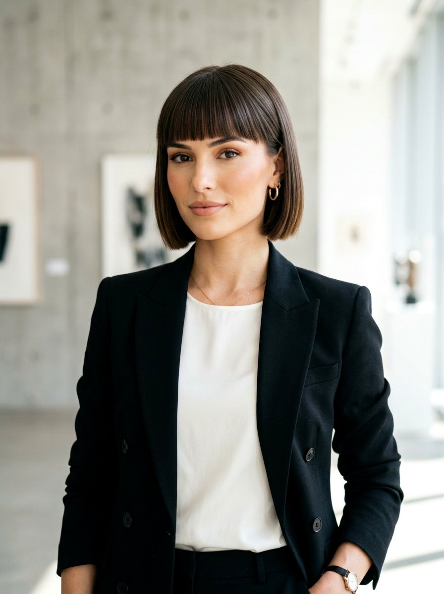 Classic Chin Length Sleek Bob With Blunt Bangs - 20 sleek straight bob with bangs - 20 sleek straight bob with bangs