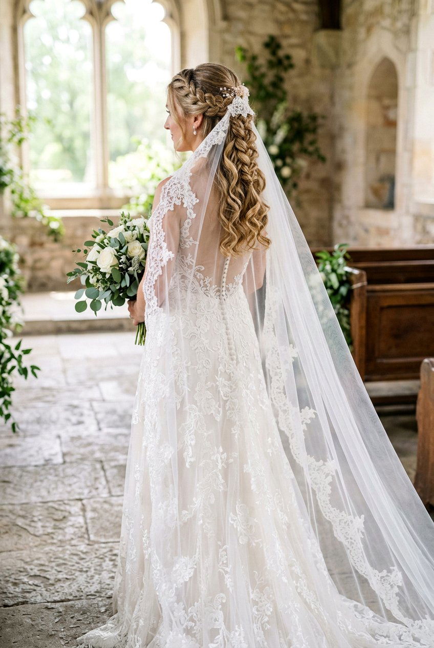 Classic Half Up Braid With Cathedral Veil - 20 bridal half up braid with veil - 20 bridal half up braid with veil