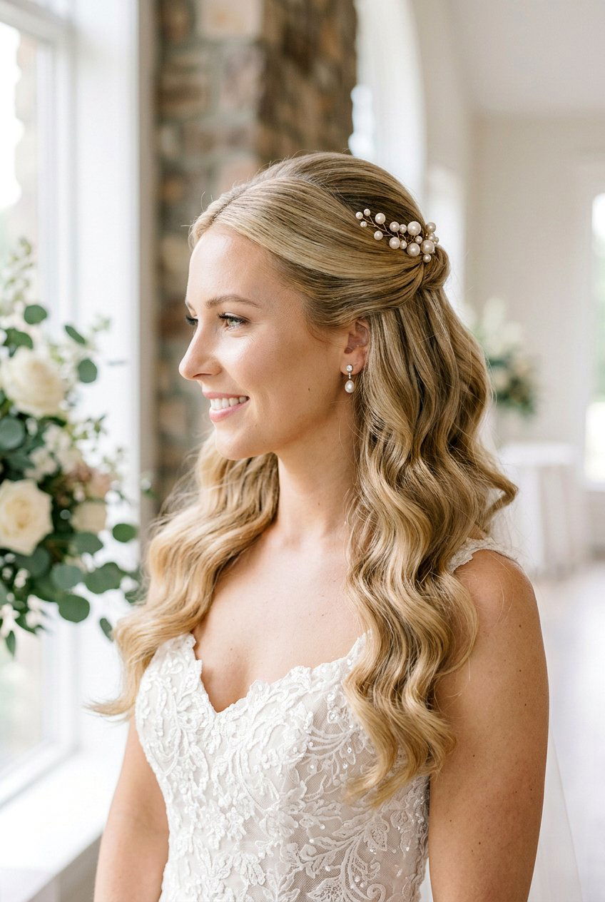 Classic Half Up Waves With Pearl Pins - 20 bridal half up with pearl pins - 20 bridal half up with pearl pins