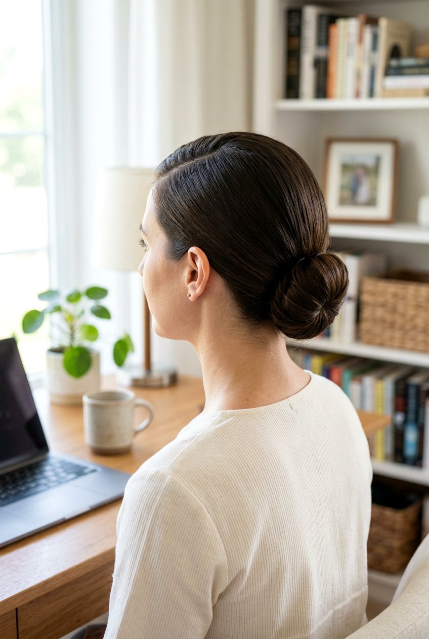 Classic Low Bun For Remote Meetings - 20 tidy hairstyles for work from home - 20 tidy hairstyles for work from home