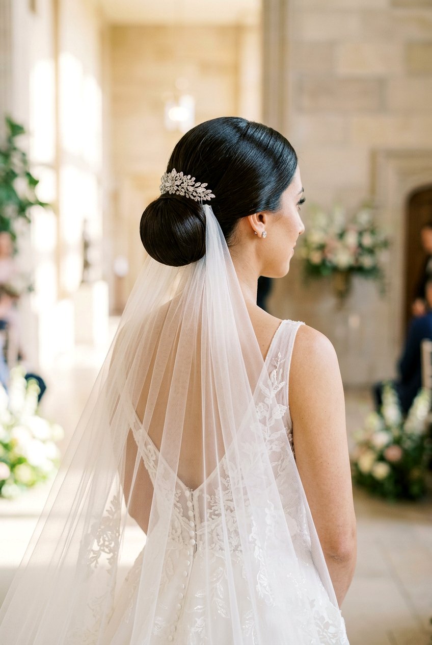 Classic Low Bun With Veil - 20 bridal hairstyle for thick hair with veil - 20 bridal hairstyle for thick hair with veil