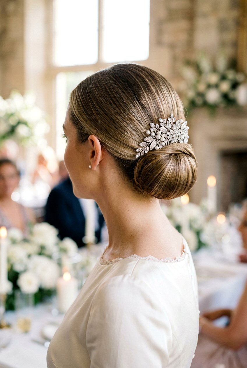 Classic Low Bun - 20 bridal hairstyle with crystal comb - 20 bridal hairstyle with crystal comb