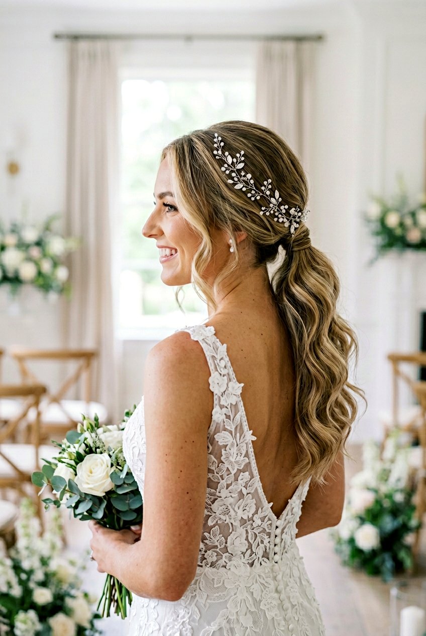 Classic Low Ponytail With Loose Waves - 20 bridal low ponytail with waves - 20 bridal low ponytail with waves