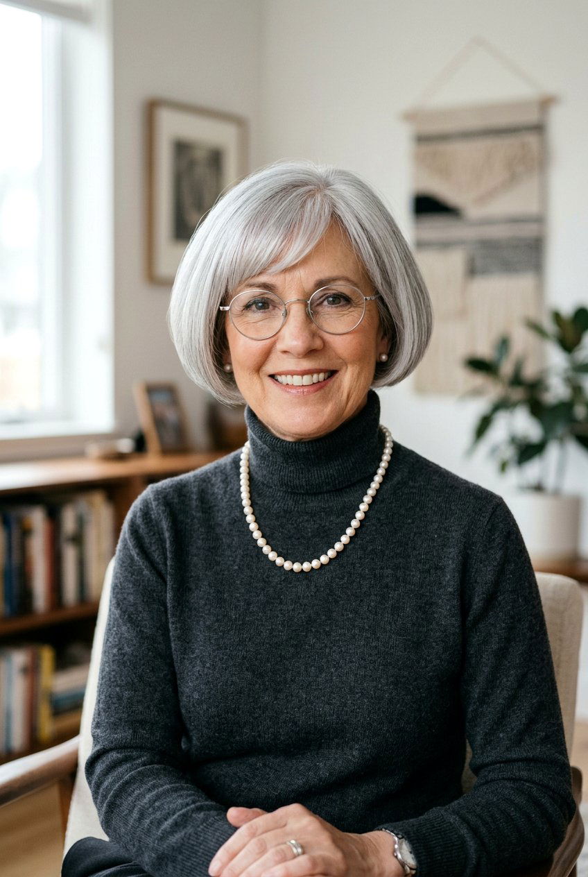 Classic Silver Pageboy Cut - 20 gray hairstyles for women with glasses - 20 gray hairstyles for women with glasses