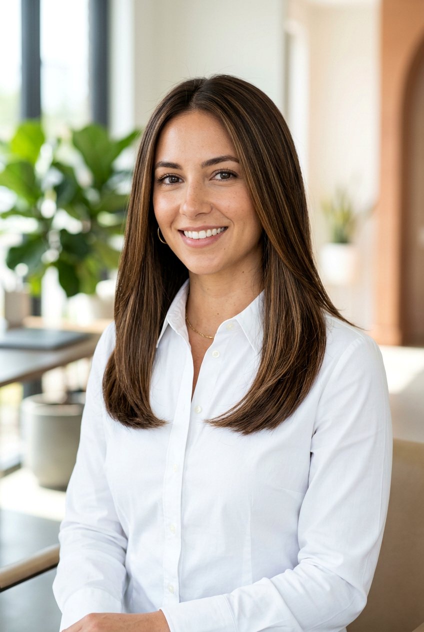 Classic Straight Brown Hair With Caramel Highlights - 20 blended highlights on brown hair - 20 blended highlights on brown hair