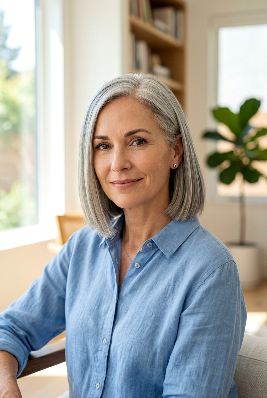 Classic Straight Gray Bob - 20 mom low maintenance gray bob - 20 mom low maintenance gray bob