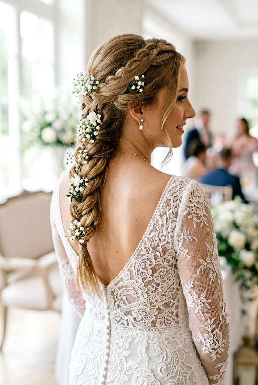 Classic Three Strand Bridal Braid With Babys Breath - 20 bridal braid with babys breath - 20 bridal braid with baby’s breath