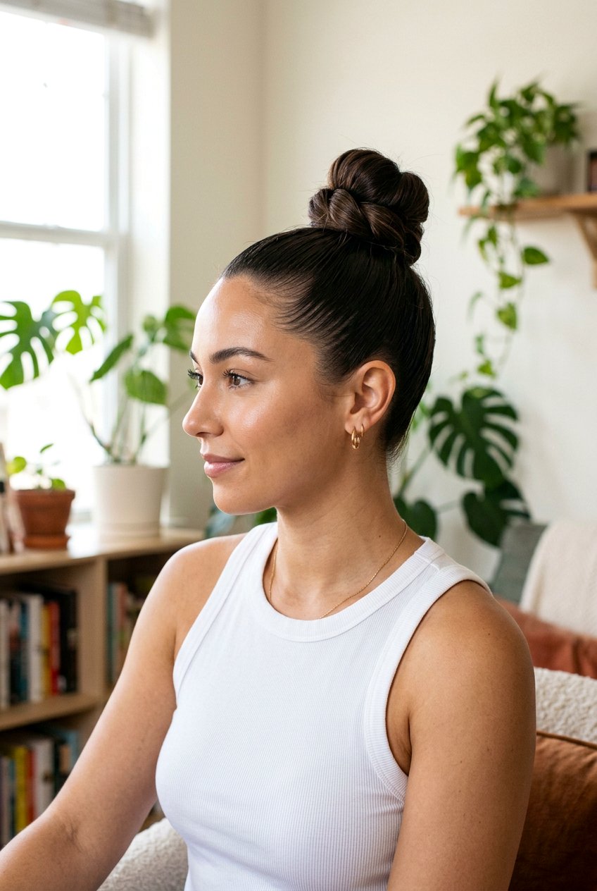 Classic Top Knot Bun For Frizzy Hair - 20 anti frizz hairstyles for summer - 20 anti frizz hairstyles for summer