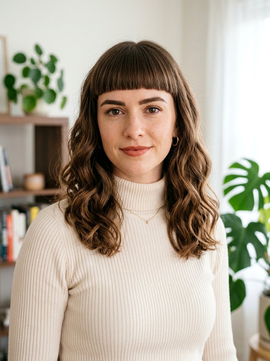 Classic Wavy Lob With Straight Across Bangs - 20 wavy shoulder length haircut with bangs - 20 wavy shoulder length haircut with bangs