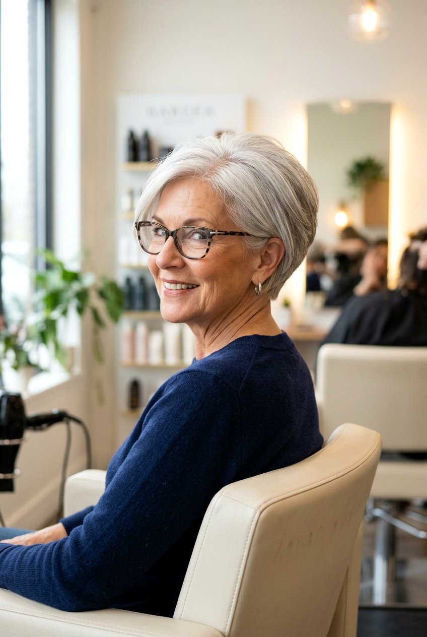 Classic silver wedge haircut - 20 hairstyles for women over 50 with glasses - 20 hairstyles for women over 50 with glasses