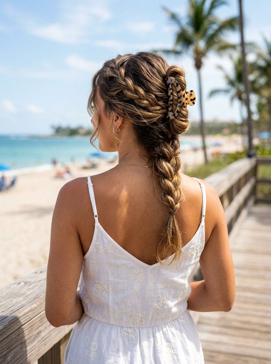 Claw Clip Braided Vacation Updo - 20 vacation claw clip hairstyle - 20 vacation claw clip hairstyle