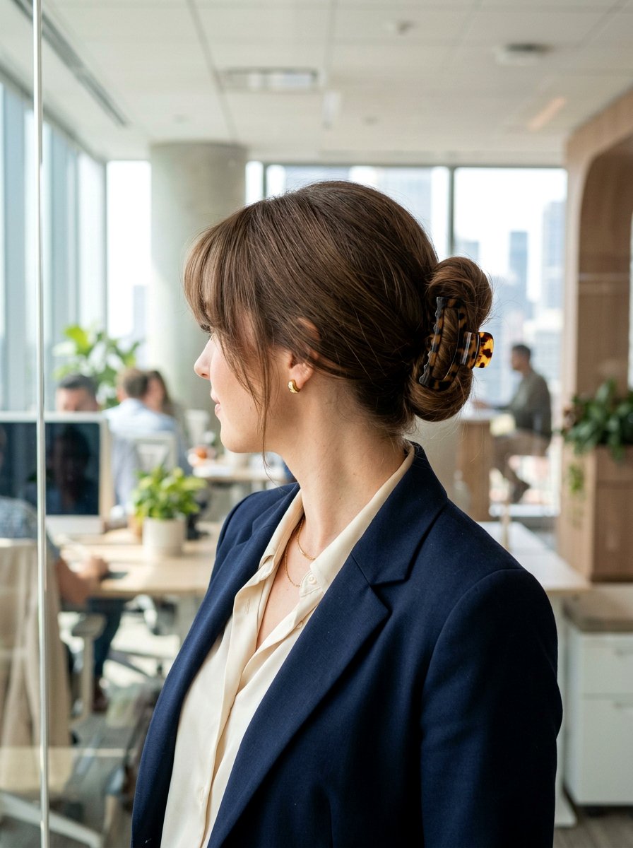 Claw Clip Bun With Bangs - 20 office friendly claw clip hairstyles - 20 office friendly claw clip hairstyles