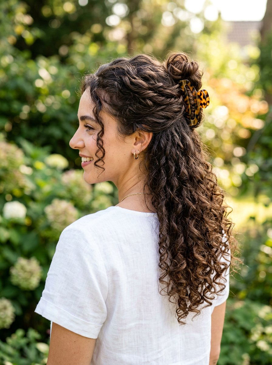 Claw Clip Curly Half Updo - 20 summer claw clip hairstyles - 20 summer claw clip hairstyles